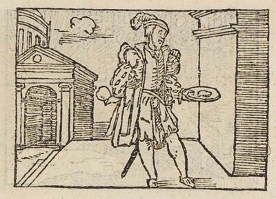 A double-fronted courtier offering a dish while turning away