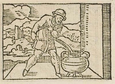 A man pouring water into a pot to test it for cracks