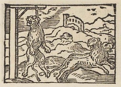 A lion hanging from a gallows, another lion fleeing