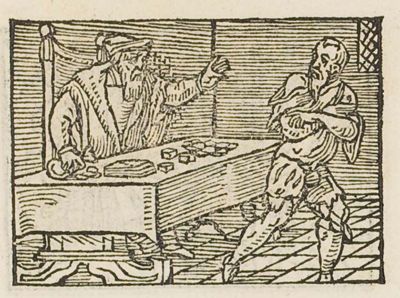 A gambler at a table with dice; a ragged man turns away