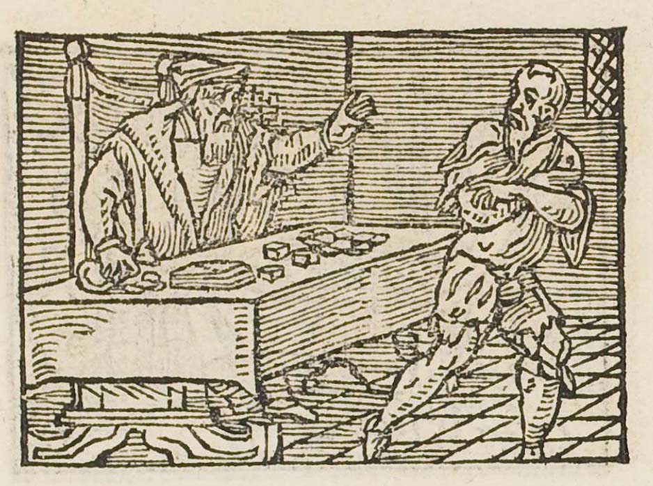A gambler at a table with dice; a ragged man turns away