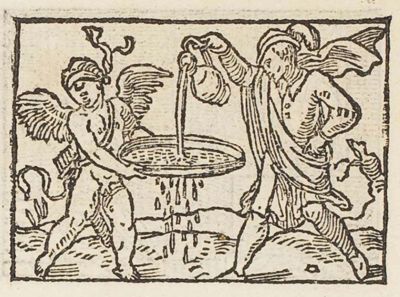 Blindfolded Cupid holding a sieve into which a man pours liquid