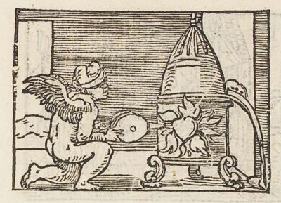 Cupid working the bellows under an alembic distilling a heart