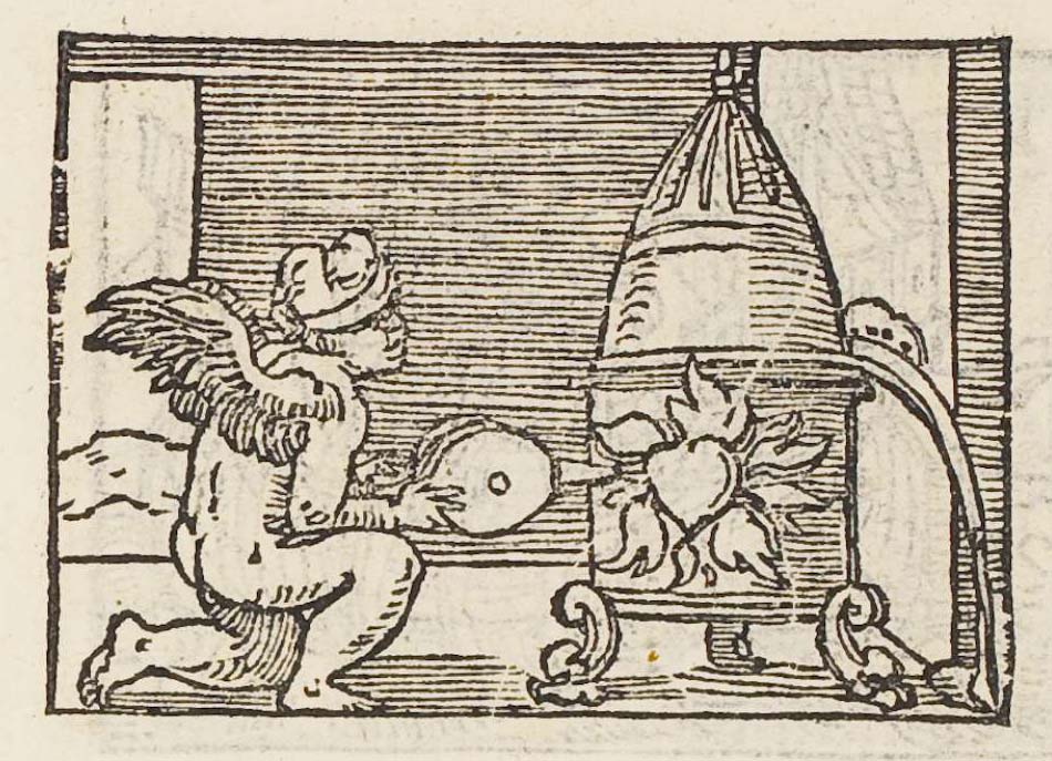 Cupid working the bellows under an alembic distilling a heart