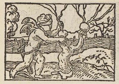 Cupid grafting a tree in an orchard