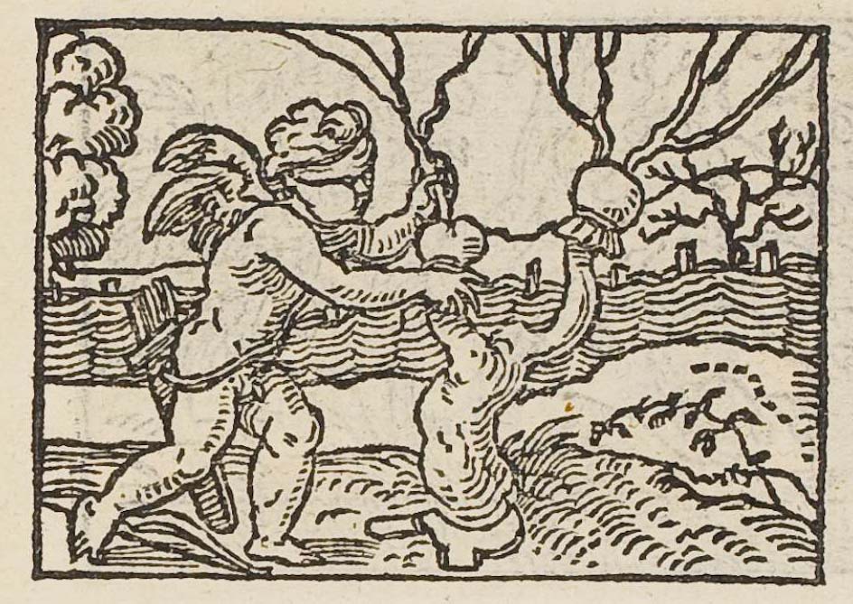 Cupid grafting a tree in an orchard