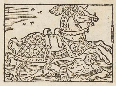 A barded horse (Bucephalus) trampling a man