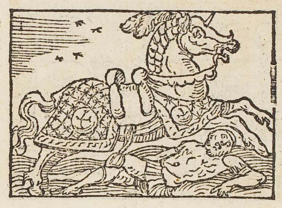 A barded horse (Bucephalus) trampling a man