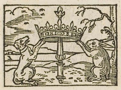 A dog and a hare supporting a crown on a column