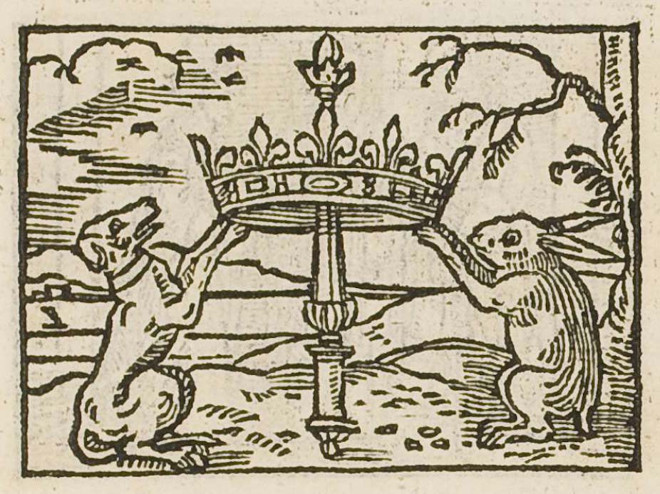 A dog and a hare supporting a crown on a column
