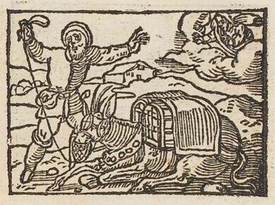 A carter with a whip beside his fallen mule; God appears in the clouds