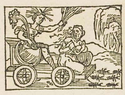 Diligence with a cornucopia on a cart drawn by ants, Famine bound at her feet