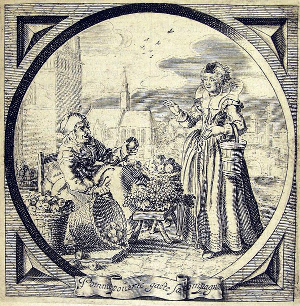 An old woman selling fruit, warns the young girl that "one bad apple will spoil the barrel".