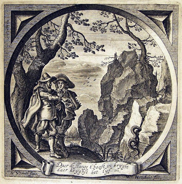 A father points at a snake pushing its head in a crevice: once its head is in the rest will follow; the message to his son is that the road to perdition starts with a first step in the wrong direction