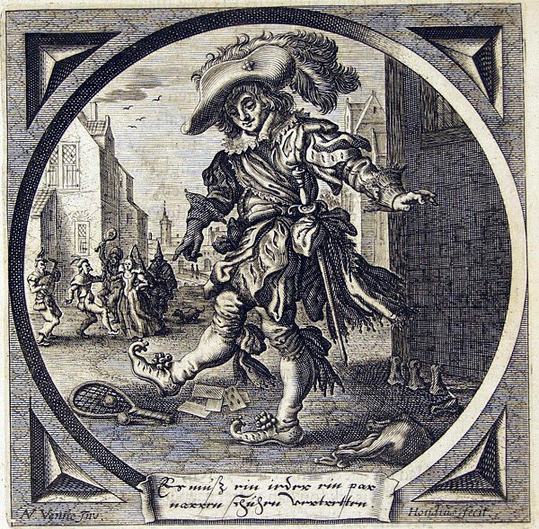 An elegant young man points at the fool's shoes he is wearing; young men and women dancing in the street in the background
