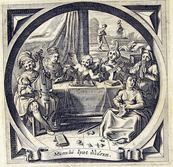 Cupid at a table with a group of musicians; in the background a man, leaning on a staff, looks at a sleeping woman