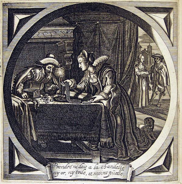 A lady is paying for a pearl necklace which she has only been able to inspect by candle light