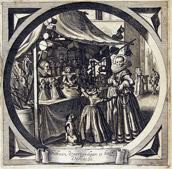 A girl is pulling at her mother's purse, while she points at a doll, put on display by the market stall's saleswoman; in the background a man approaches a woman