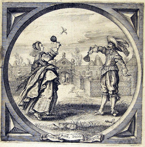 Man and woman playing a form of badminton (shuttlecock)