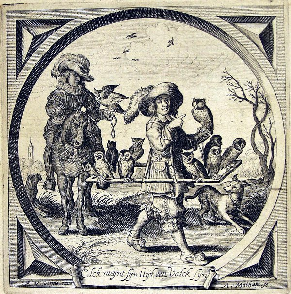 A bird seller and a falconer with owls instead of falcons