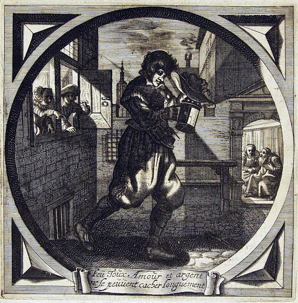 A couple at an open window points at a young man covering a lantern with his hat; an old man with a younger woman in the background