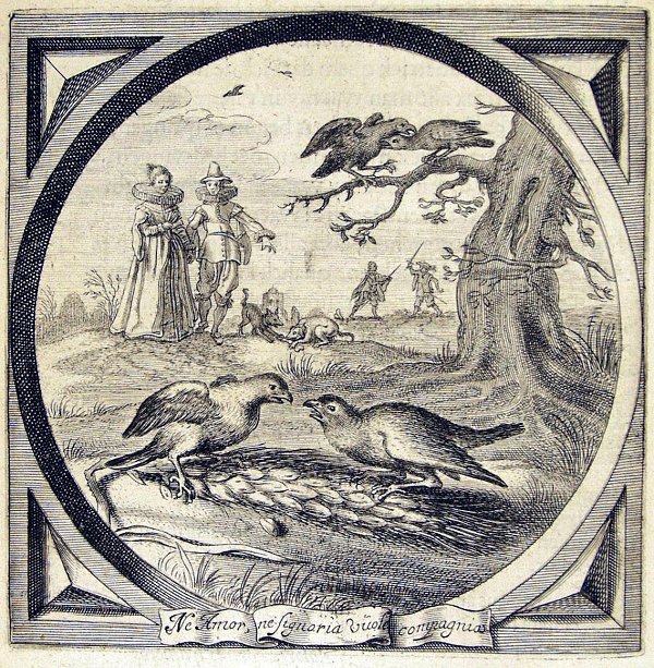 A man and a woman watching dogs fighting over a bone, sparrows fighting over an ear of corn and ravens fighting on the branch of a tree; men duelling in the background