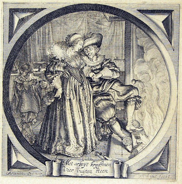 A man and woman holding hands in front of an open hearth; in the background a boy gets sparks from a flint and steel