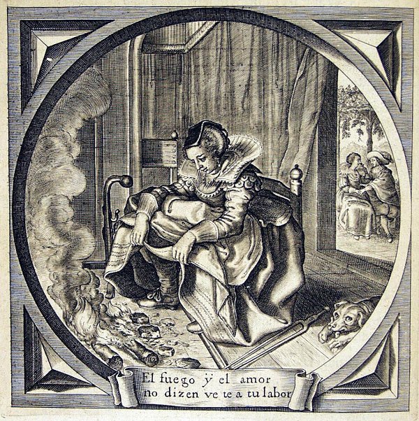 Woman dreamily staring in the fire of an open hearth, lifting her skirt to warm herself; couple of lovers in the background