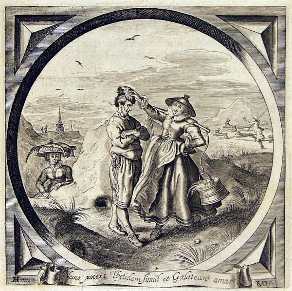 A man who cannot choose between a milkmaid ('Galatea') and a girl with a basket of fish on her head ('Thetis') has his fisherman's cap cap removed by the milkmaid; in the background a hunter chases two rabbits (or hares)