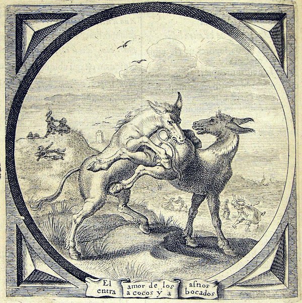 A donkey is biting another donkey, while various couples of lovers are playing on the beach and in the dunes