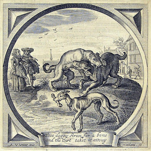 A man and a woman pointing at two dogs who are fighting while a third walks away with a bone; men duelling in the background