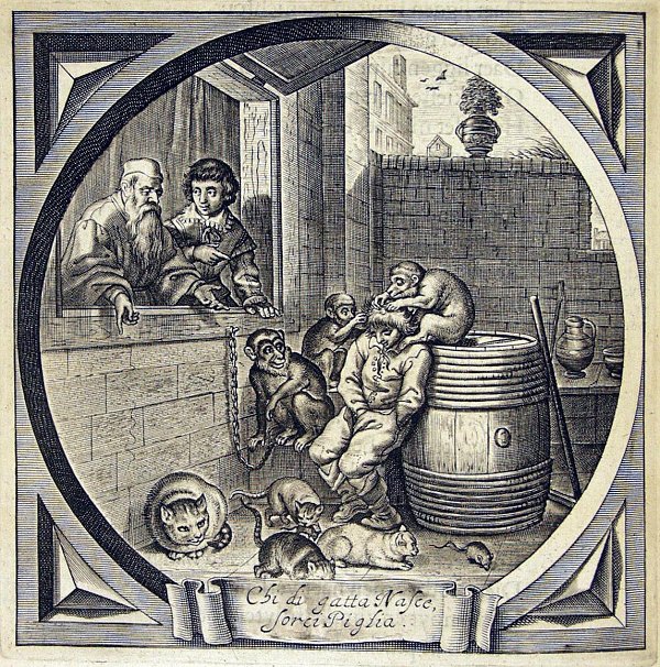 Young cats hunting mice and young monkeys looking for fleas in the hair of a boy who has his hand in his trousers, are observed by two men