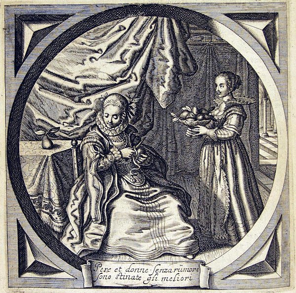 A lady peeling a pear, another lady carrying a bowl of pears