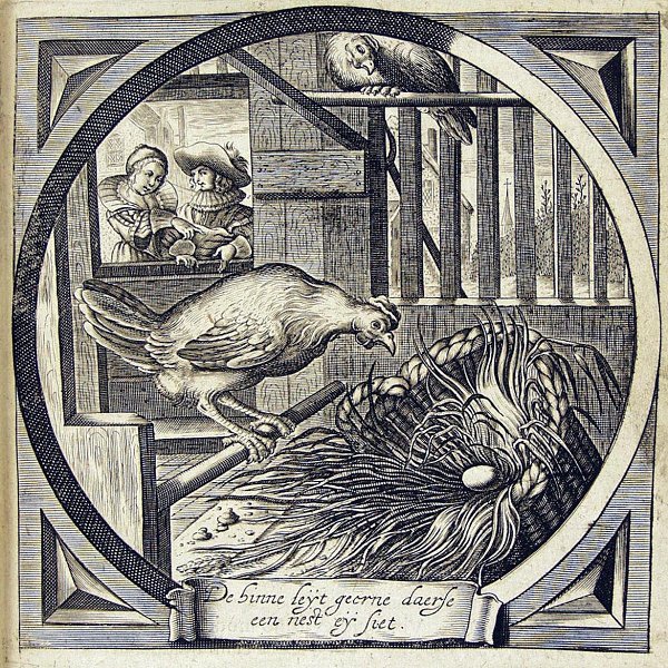A woman points at the chicken looking at the egg in a nest - to her equality is a condition to 'lay one of her own'