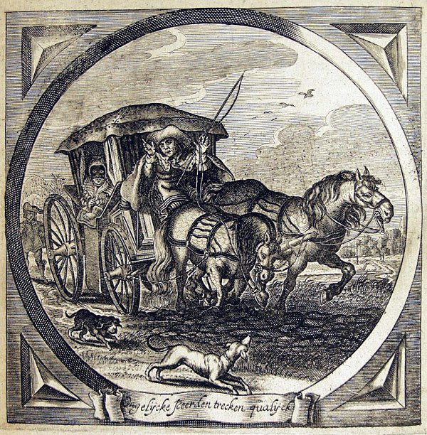 A small and a large horse are pulling a chariot, moving through the mud with difficulty