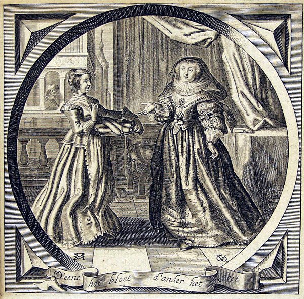 A servant girl is offering a dish with some sausages, a gift from her master, to a young lady