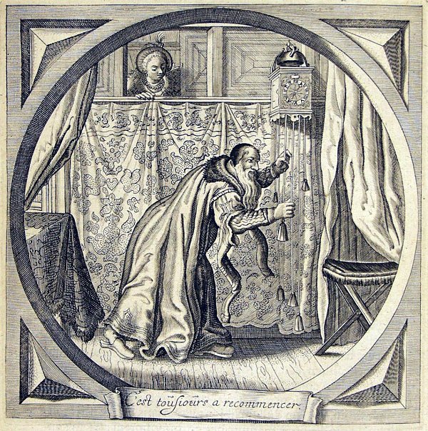 A tired old man is winding up his clock, while his active, much younger wife is watching him