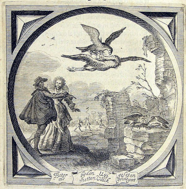 A father points at a bird who shares food with an owl, while overhead a falcon is pierced by the beak of a heron(?)