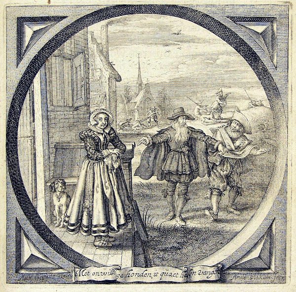 An elderly man is pointing at a young woman while pulling at the dress of his son; in the background a hunter is pulling at the leash of his dogs who are unwilling to chase hares