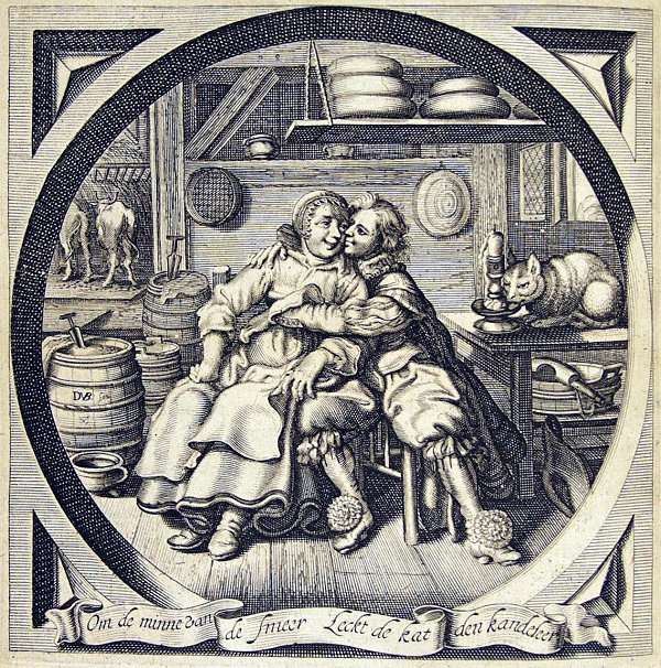 A young man is courting a woman, who is clumsy but rich; in the background a cat is licking a chandelier