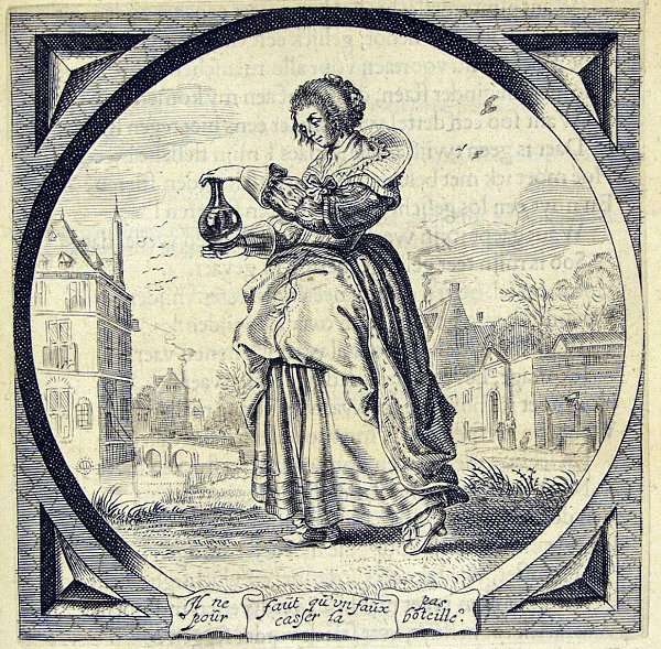 A young woman walks while holding a very fragile bottle