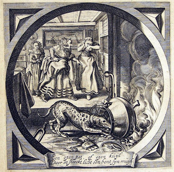 In the background a lady is reprimanding a servant girl, while in the foreground a dog is sticking his head in a cauldron that has tipped over