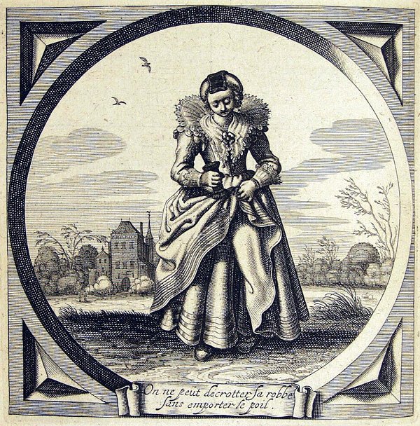 A well-dressed young woman is brushing off the mud from her skirt