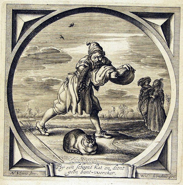 A furrier about to catch a cat; in the background a father warning his daughter about a scoundrel