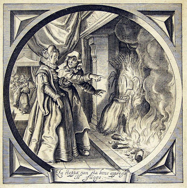 A mother points at a bundle of straw next to a fire in the fireplace, warning her daughter about the risks or partying; a doctor's visiting a woman in the background(?)