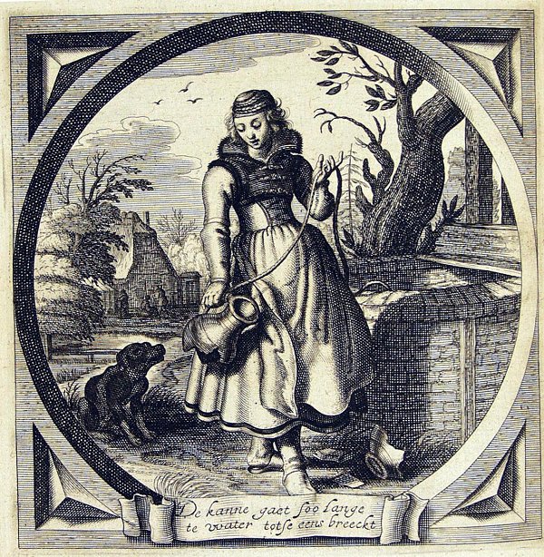A young woman looks at the broken jug she has pulled from a well