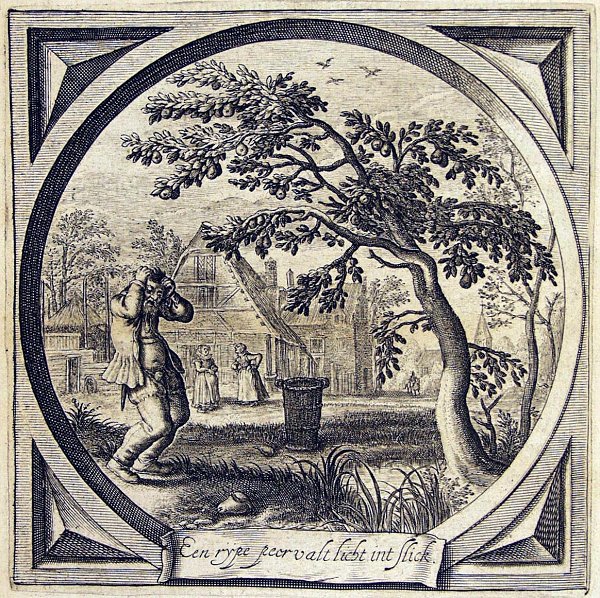 A man (farmer?) clutches his head with both hands as he sees that some of his ripe pears have fallen from the tree