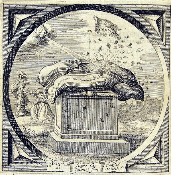 A woman holding an infant with one arm shows a letter to the man who is leaving her while in the foreground the wind blows away the feathers of a damaged pillow lying on an altar