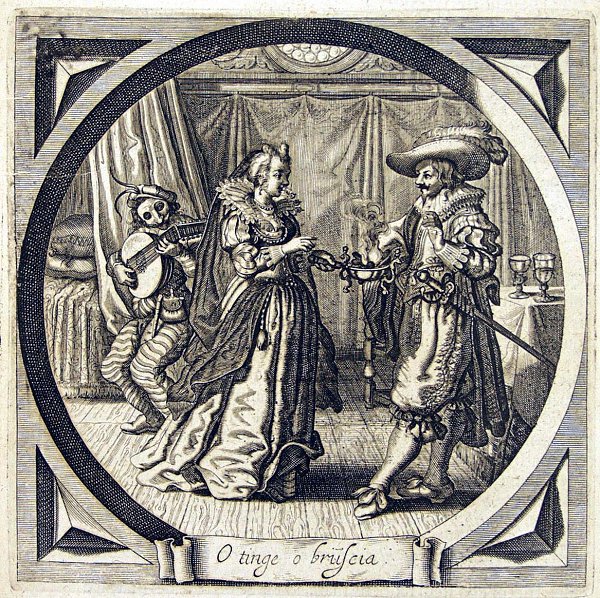 A young man draws back his hand from the dish with coals offered by a young woman; behind her a masked man is playing a lute