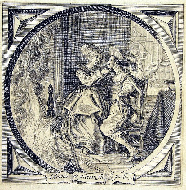 A prostitute touching the chin of a client, in front of a fireplace where straw is burning; in the background a man is chased away from a brothel